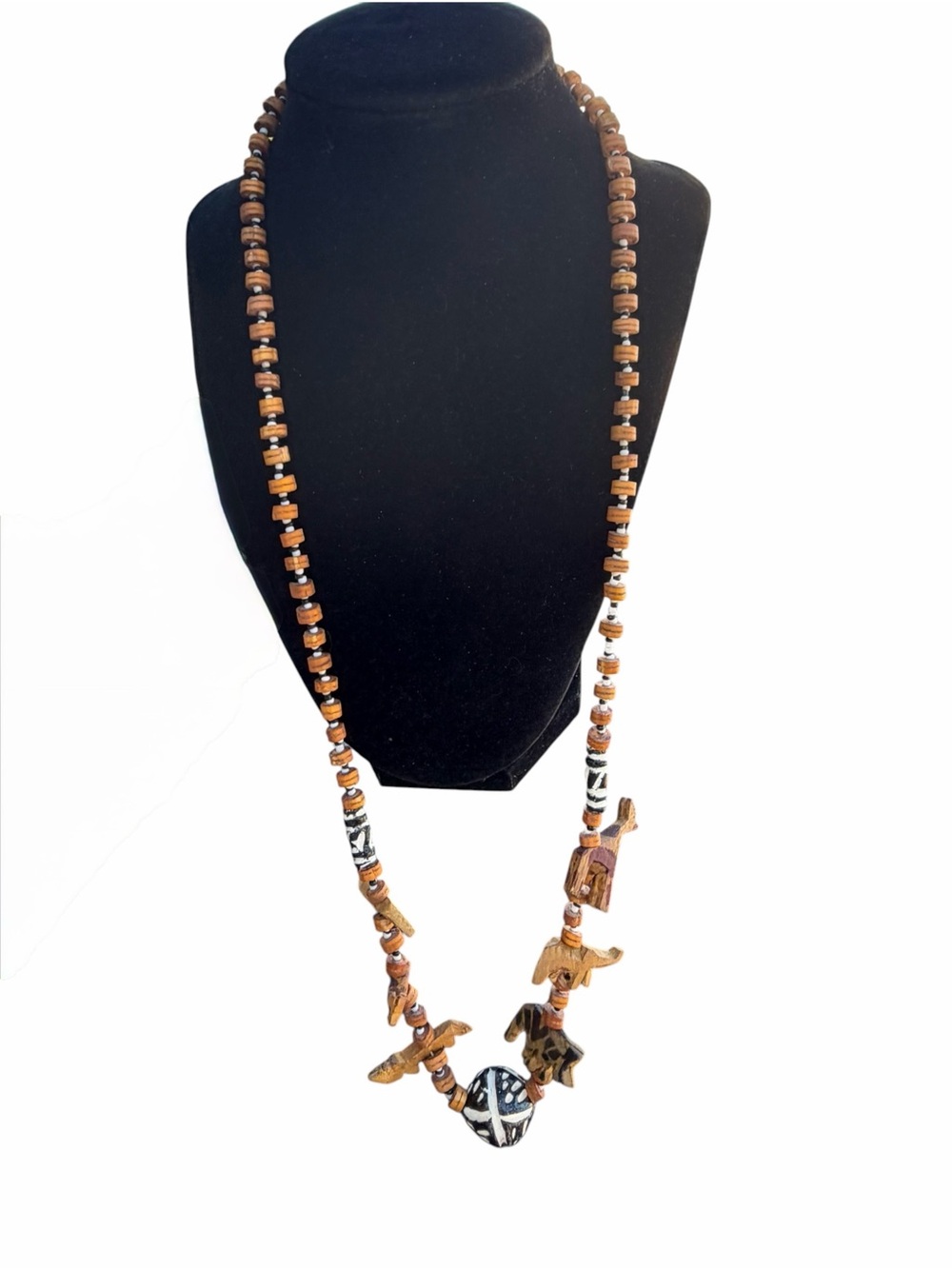 Vintage Hand Carved Wooden Safari Animal Necklace Tribal Boho Statement